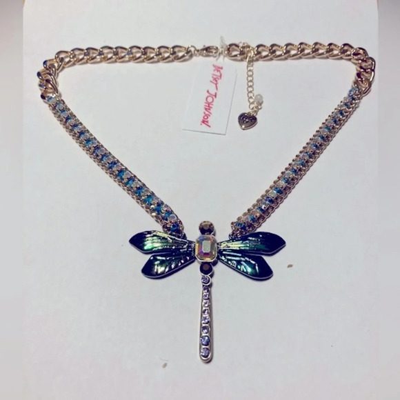 BETSEY JOHNSON SET Hoop Dragonfly Earrings & Matching Necklace AB Crystals NWT - Picture 3 of 13